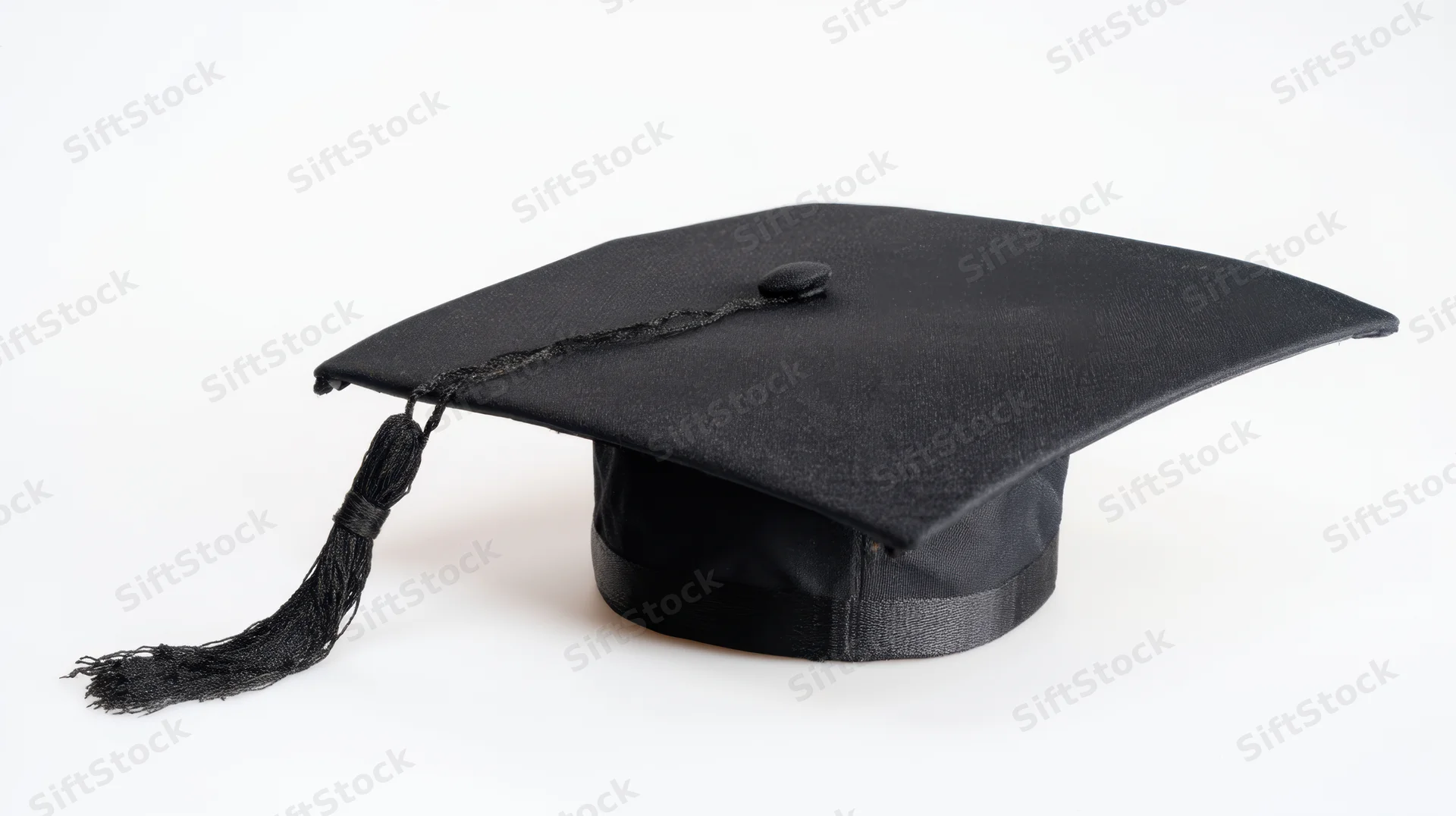 Black graduation cap with tassel on white background