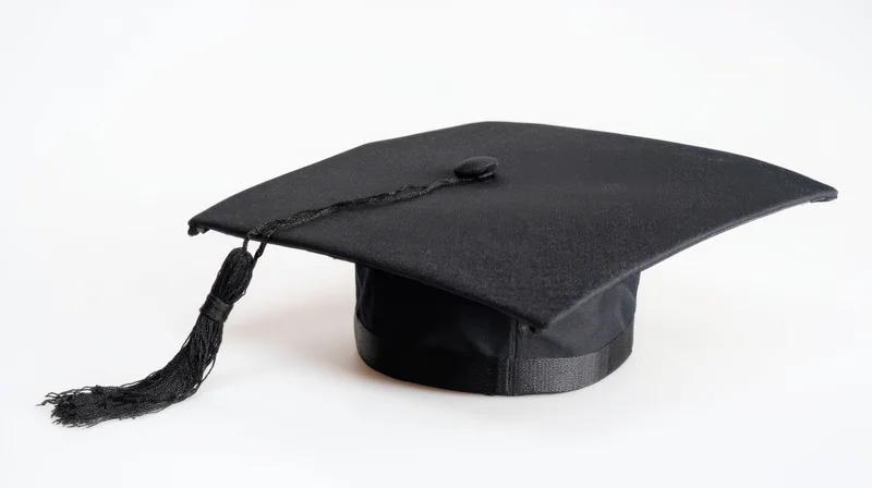 Black graduation cap with tassel on white background