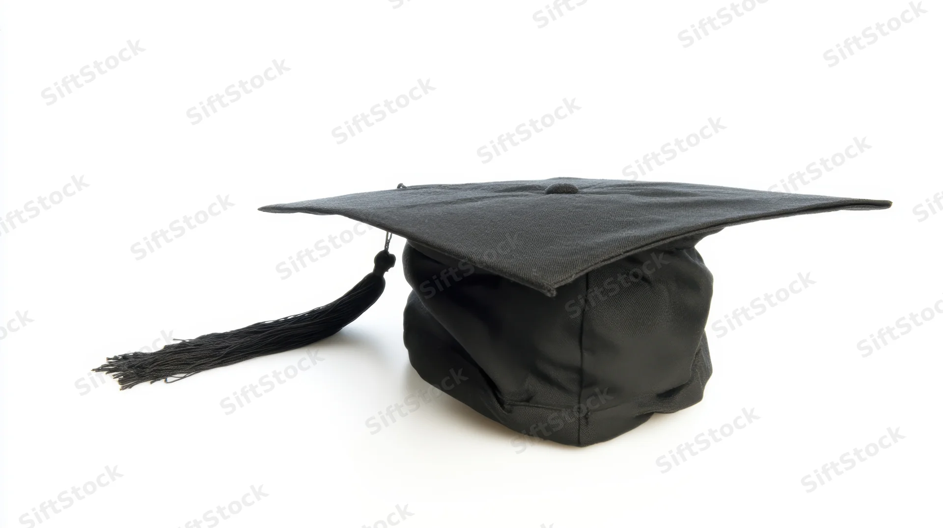 Black graduation cap with tassel on white background