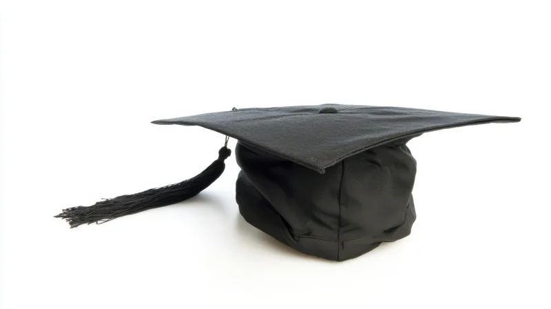 Black graduation cap with tassel on white background