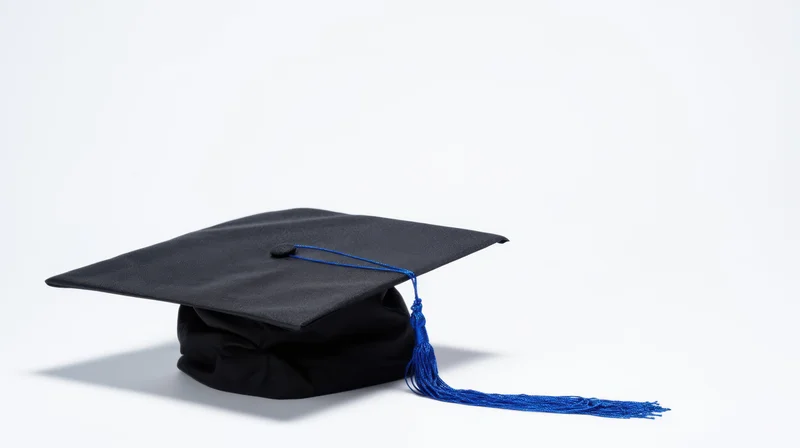 Black graduation cap with blue tassel on white background