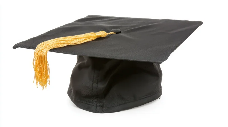 Black graduation cap with gold tassel on white background