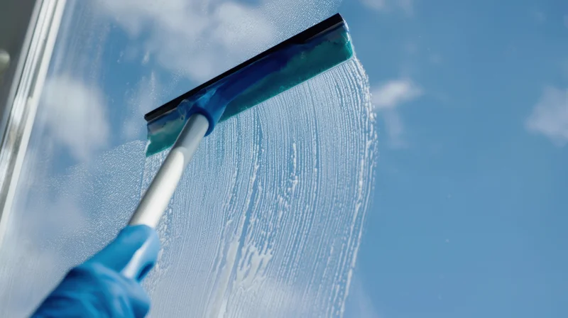 Hand in blue glove using squeegee to clean window outdoors under blue sky