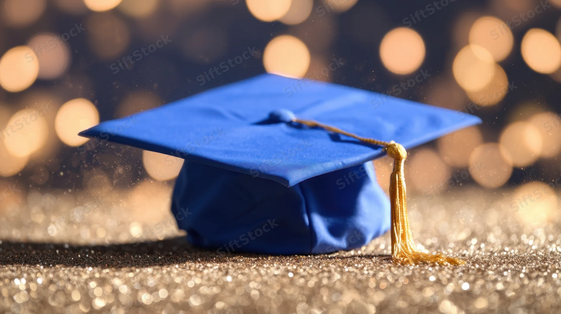 Blue graduation cap with gold tassel resting on glittering surface against bokeh lights