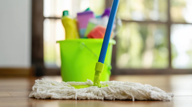 White mop head resting on wooden floor with green bucket and cleaning supplies in background