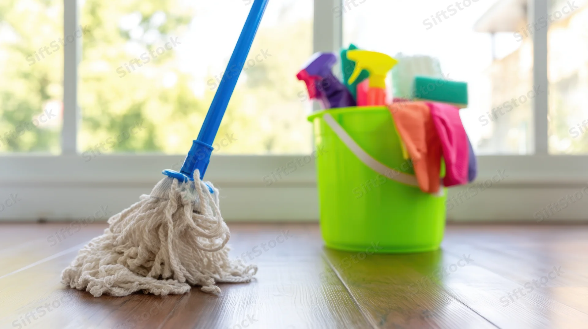 Mop with blue handle and cleaning supplies in green bucket on wooden floor near window