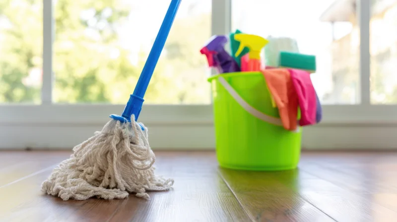 Mop with blue handle and cleaning supplies in green bucket on wooden floor near window