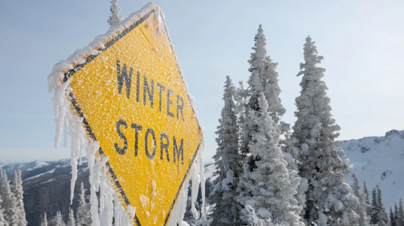 Yellow winter storm warning sign covered in snow and icicles in snowy mountain landscape with pine trees