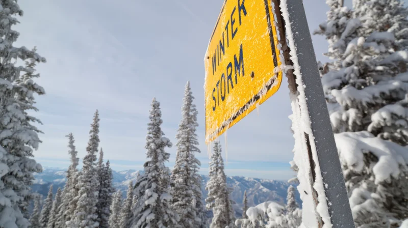 Yellow winter storm warning sign covered in snow and ice among snow-laden pine trees in a mountain forest