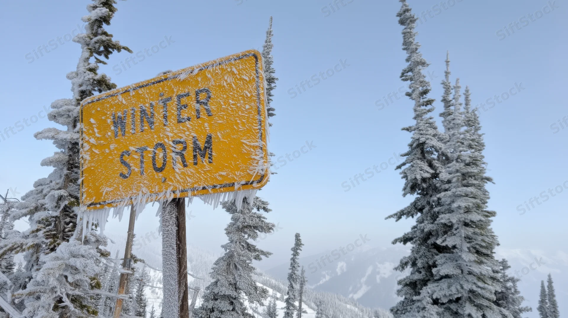 Yellow winter storm warning sign covered in snow and ice among snow-laden pine trees in a mountain landscape
