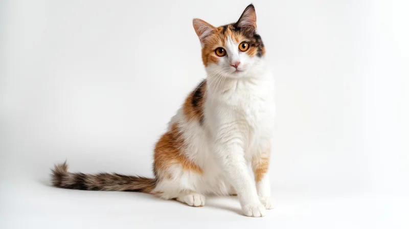 Calico cat sitting alertly on white background with copyspace to the side