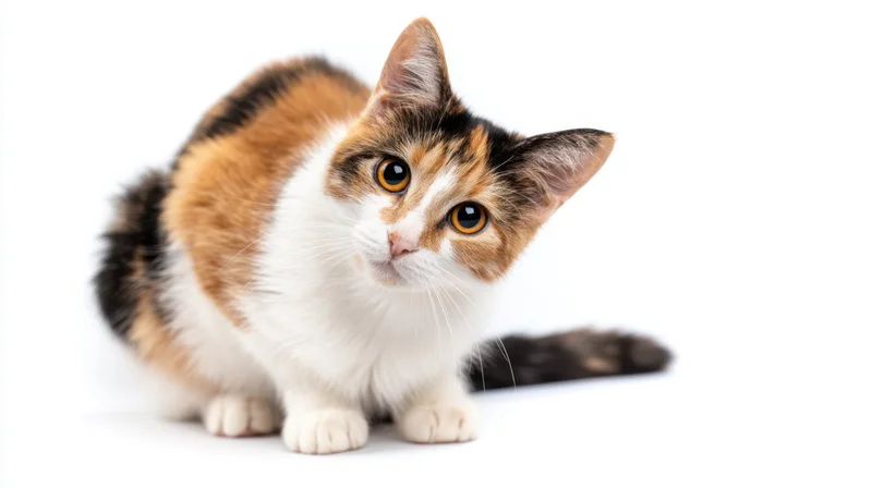 Calico cat sitting and looking alert on white background