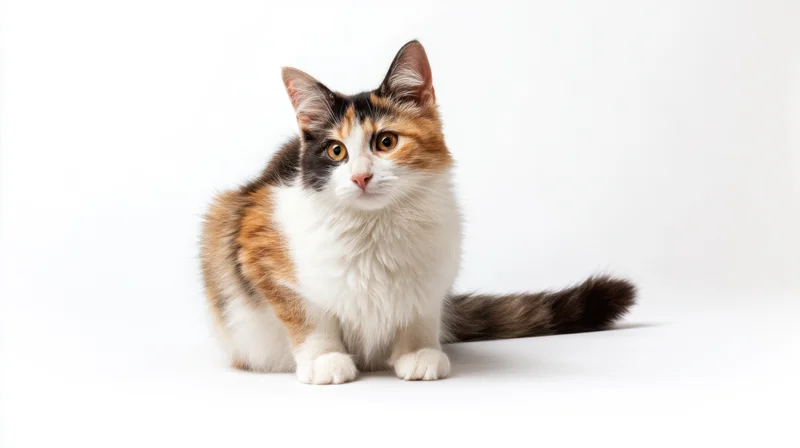 Calico cat sitting alertly on white background