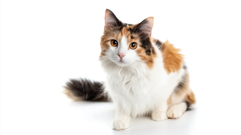 Calico cat sitting on white background with soft fur and alert expression