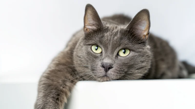 Gray cat lying on white surface with alert gaze, studio portrait