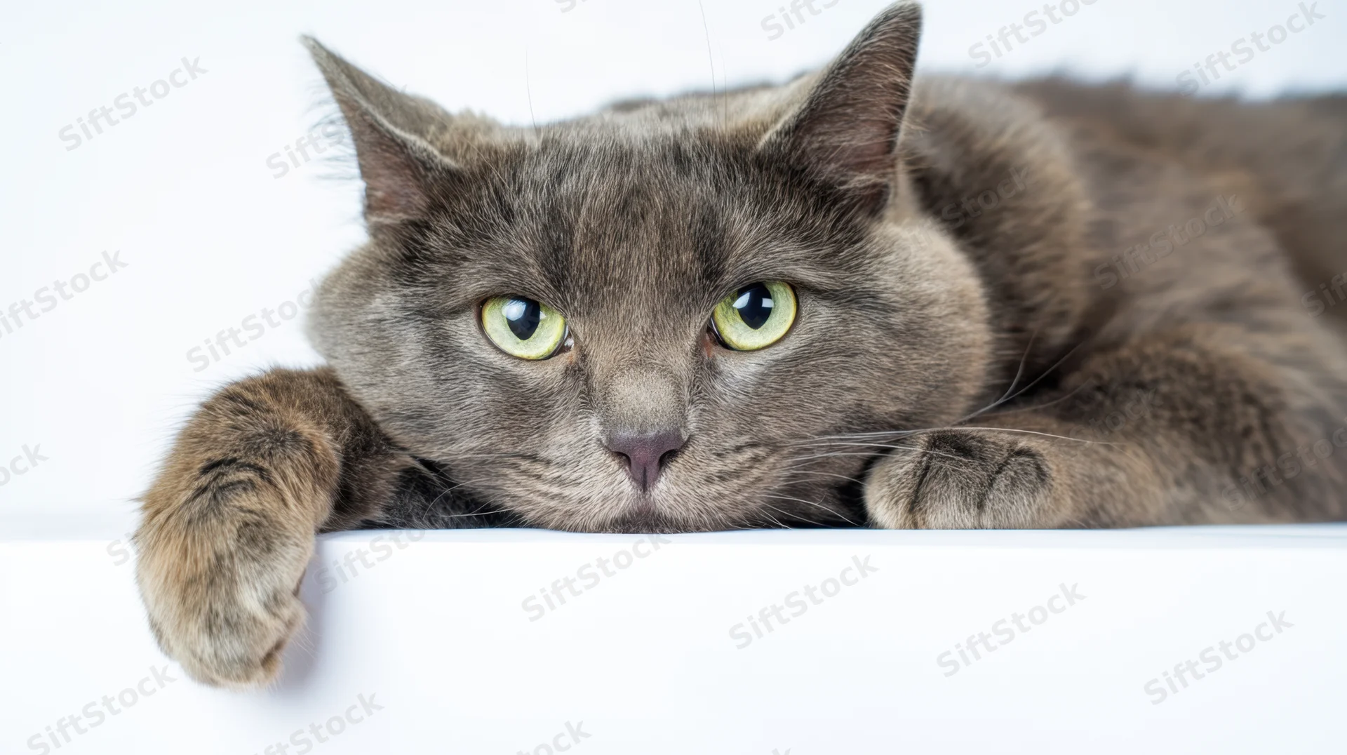 Gray cat lying down with paws over white edge, looking directly at camera