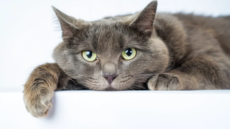 Gray cat lying down with paws over white edge, looking directly at camera