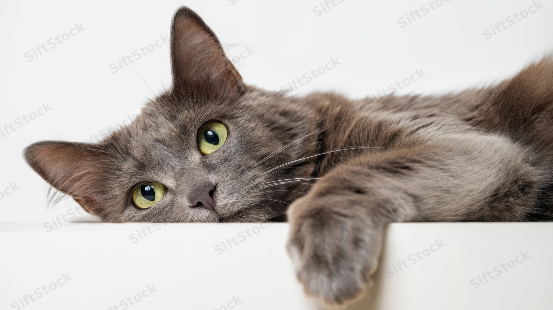 Gray cat lying on white surface with paw extended and eyes looking forward