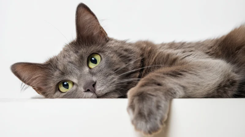 Gray cat lying on white surface with paw extended and eyes looking forward