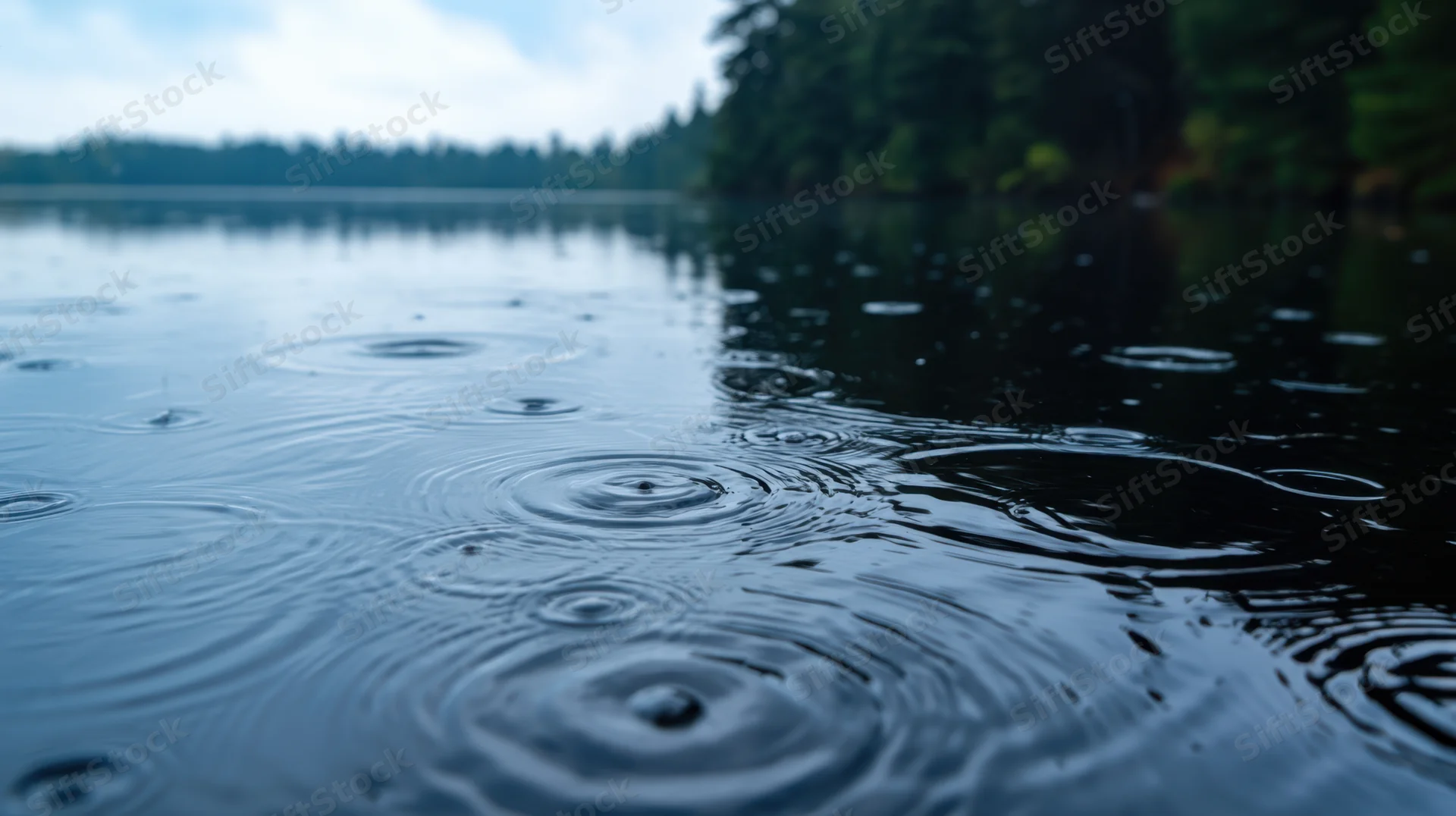 Raindrops creating ripples on a calm lake surface near a forested shore