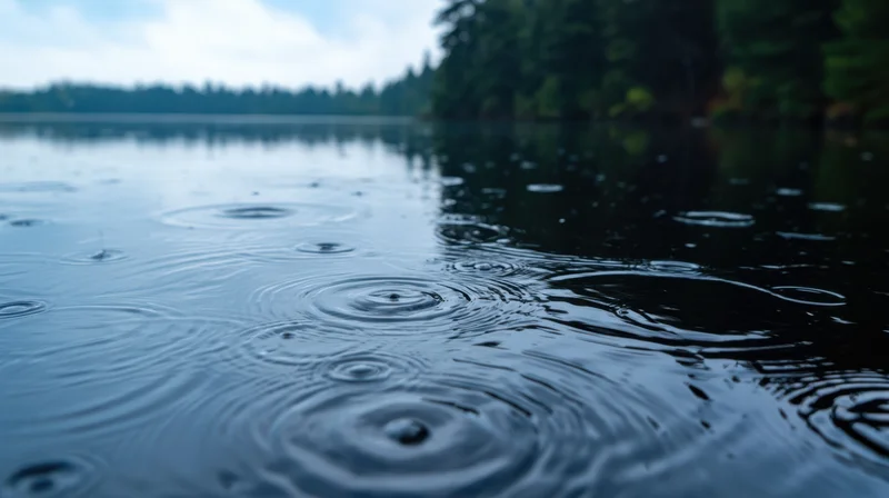 Raindrops creating ripples on a calm lake surface near a forested shore