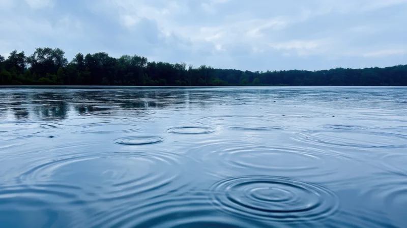 Raindrops creating ripples on a calm lake surface with forested shoreline under cloudy sky