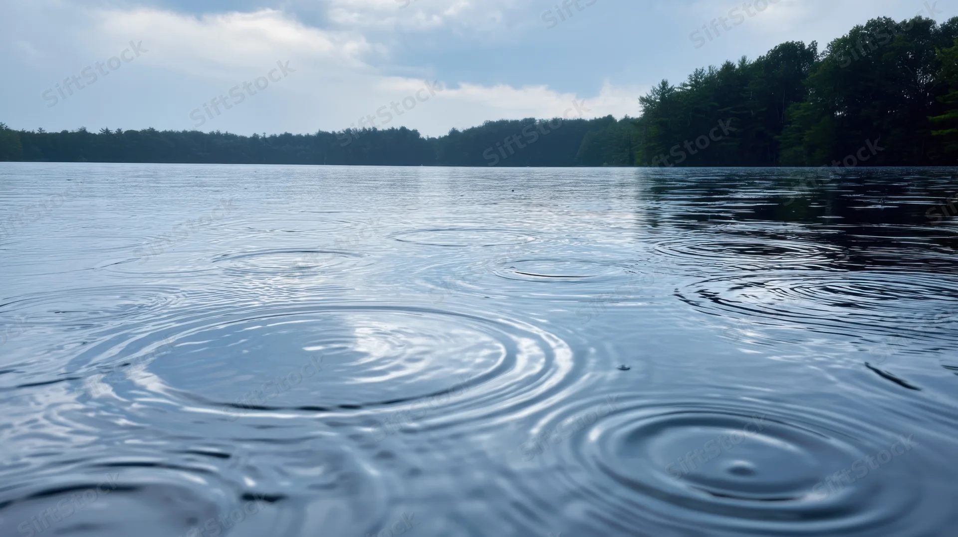 Raindrops creating ripples on a calm lake surface with forested shoreline and cloudy sky in the background