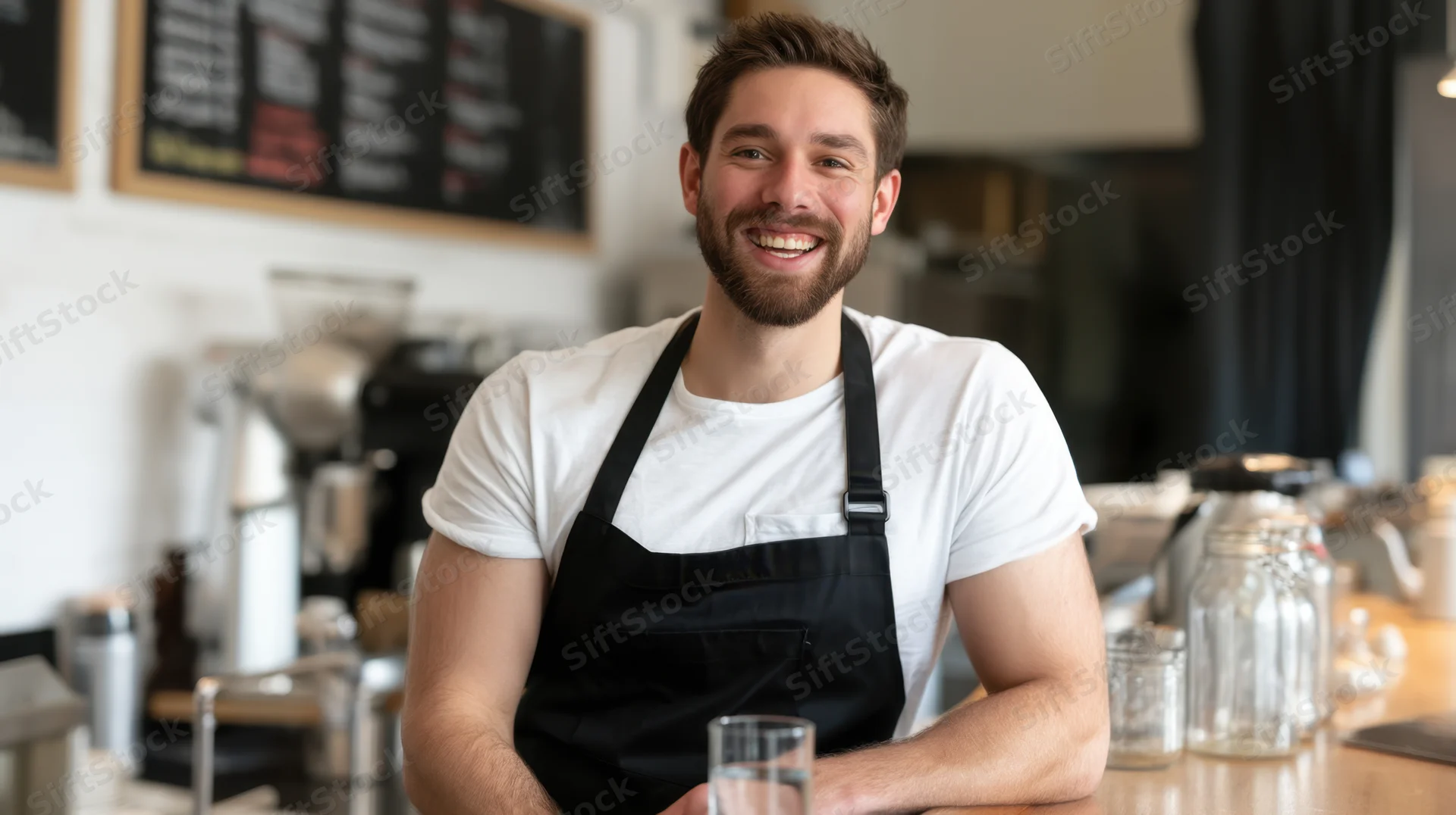 Smiling barista in black apron leaning on cafe counter with glass of water