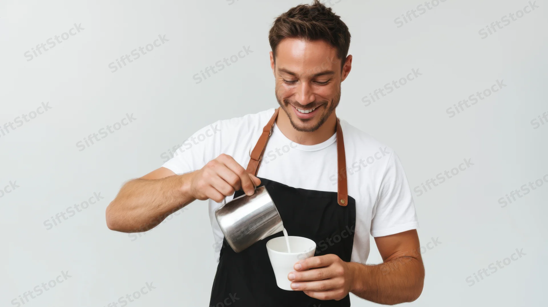 Smiling barista pouring milk into a cup against a neutral background