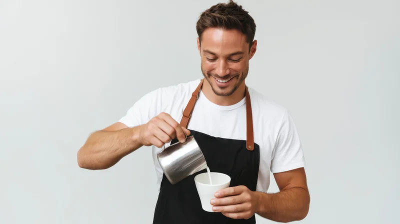 Smiling barista pouring milk into a cup against a neutral background