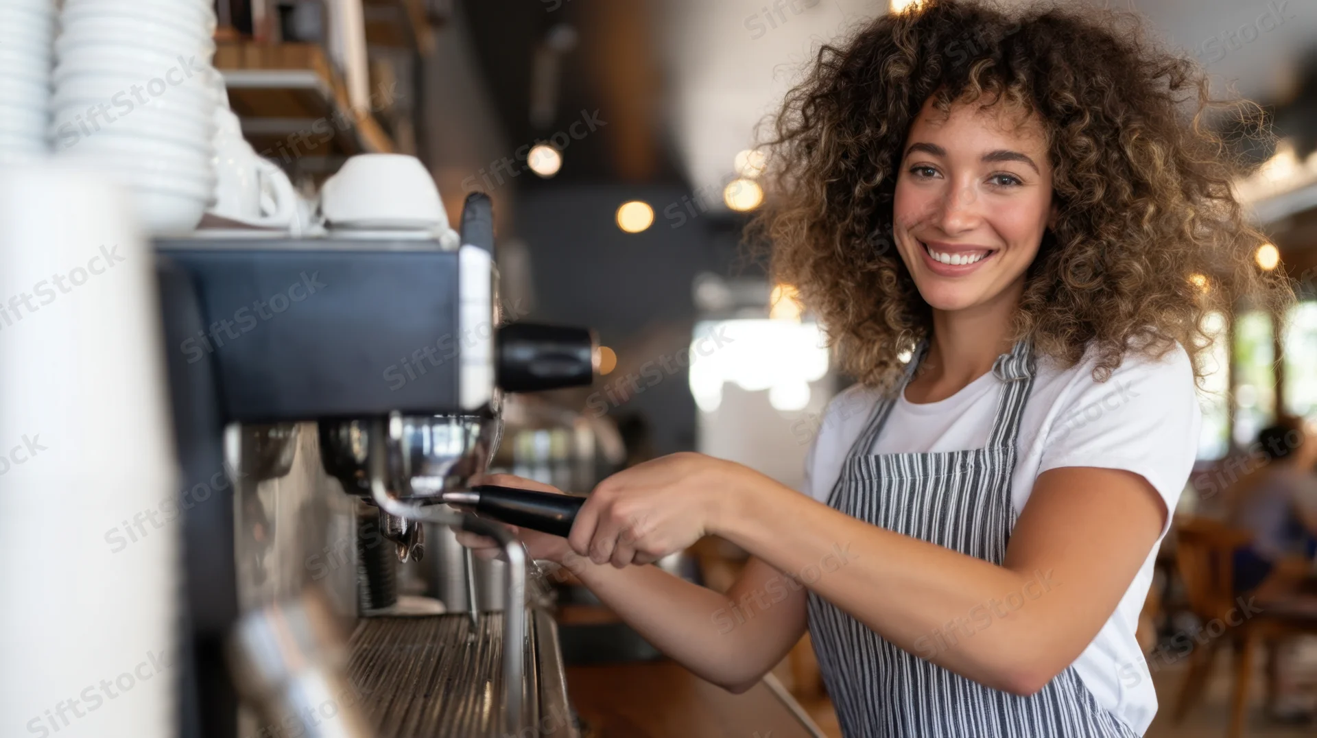 Woman barista smiling while operating espresso machine in cafe interior