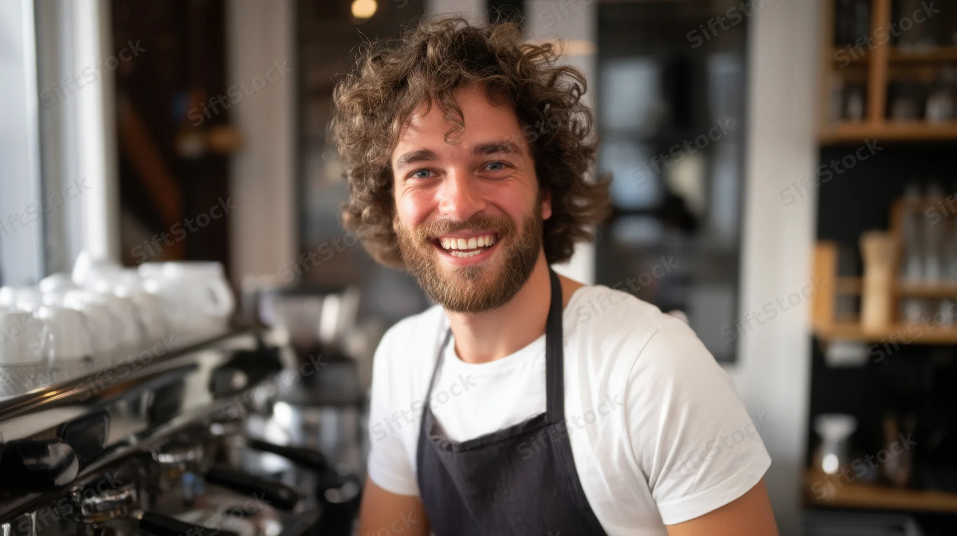 Smiling barista in apron standing by espresso machine in cafe interior