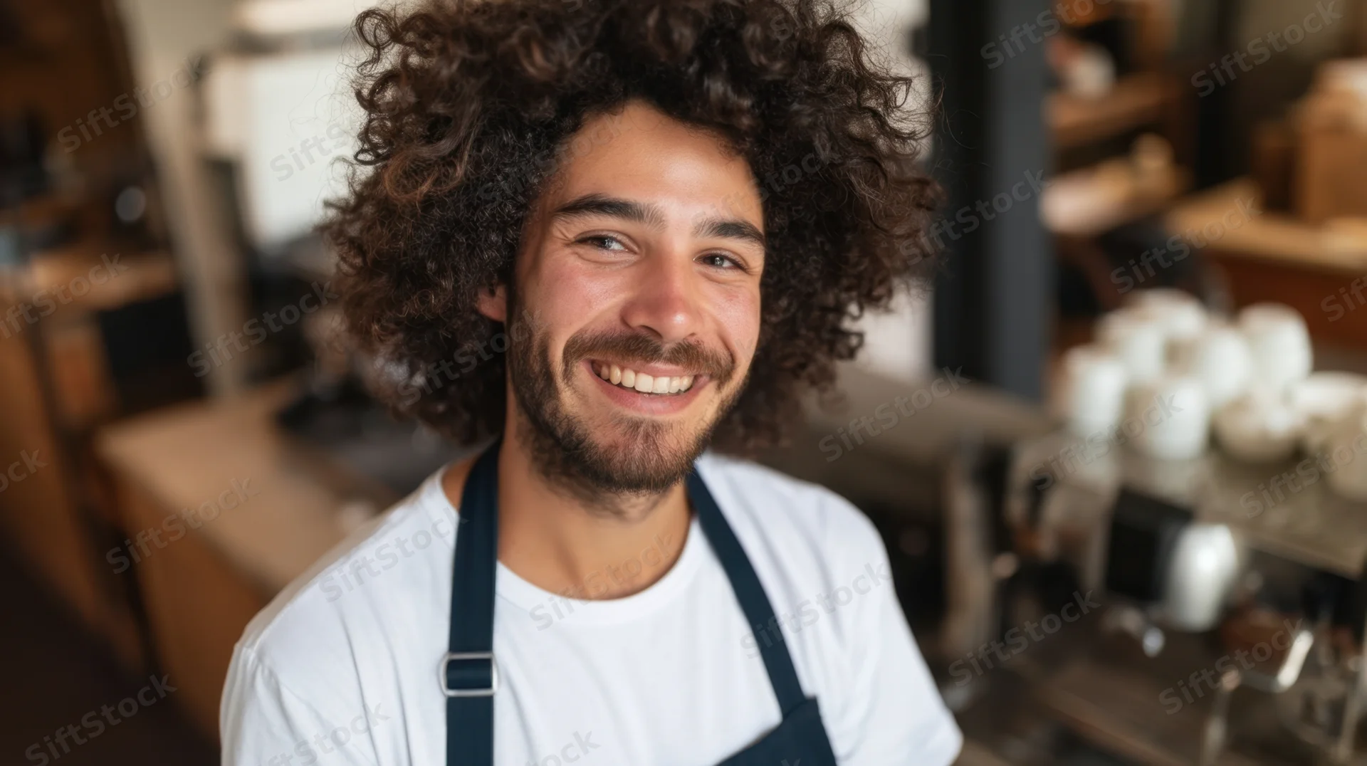 Smiling barista in apron at coffee shop counter