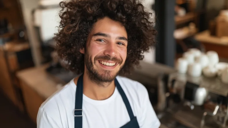 Smiling barista in apron at coffee shop counter