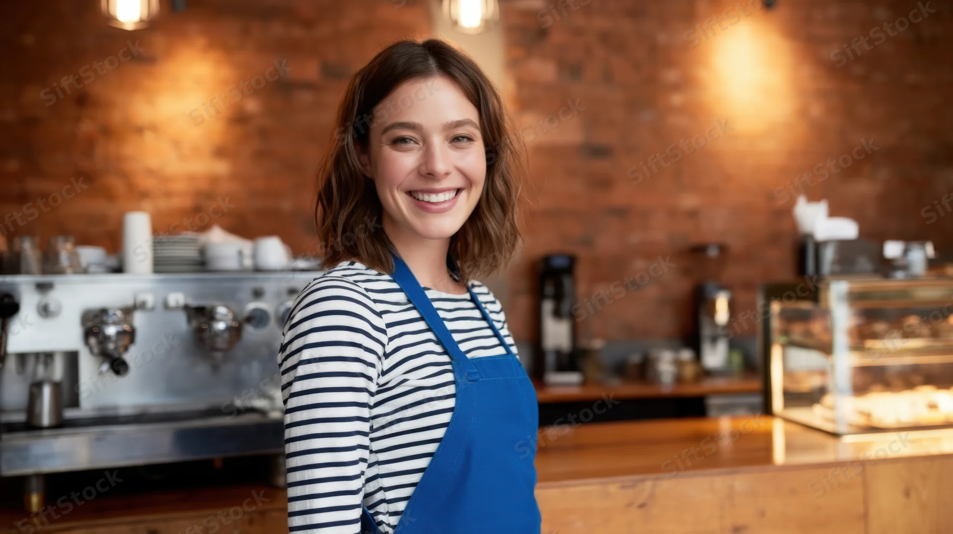 Smiling barista in blue apron standing behind coffee counter in cafe