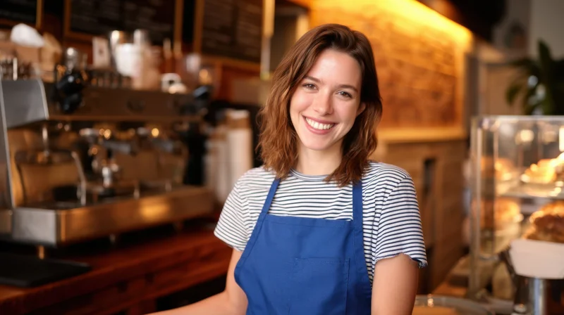 Smiling barista in blue apron standing behind coffee counter in cafe