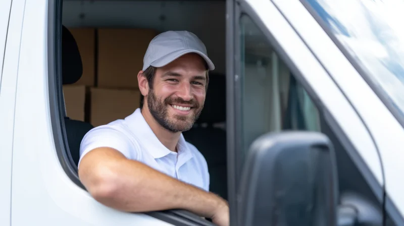 Smiling delivery driver leaning out of white van window with boxes inside