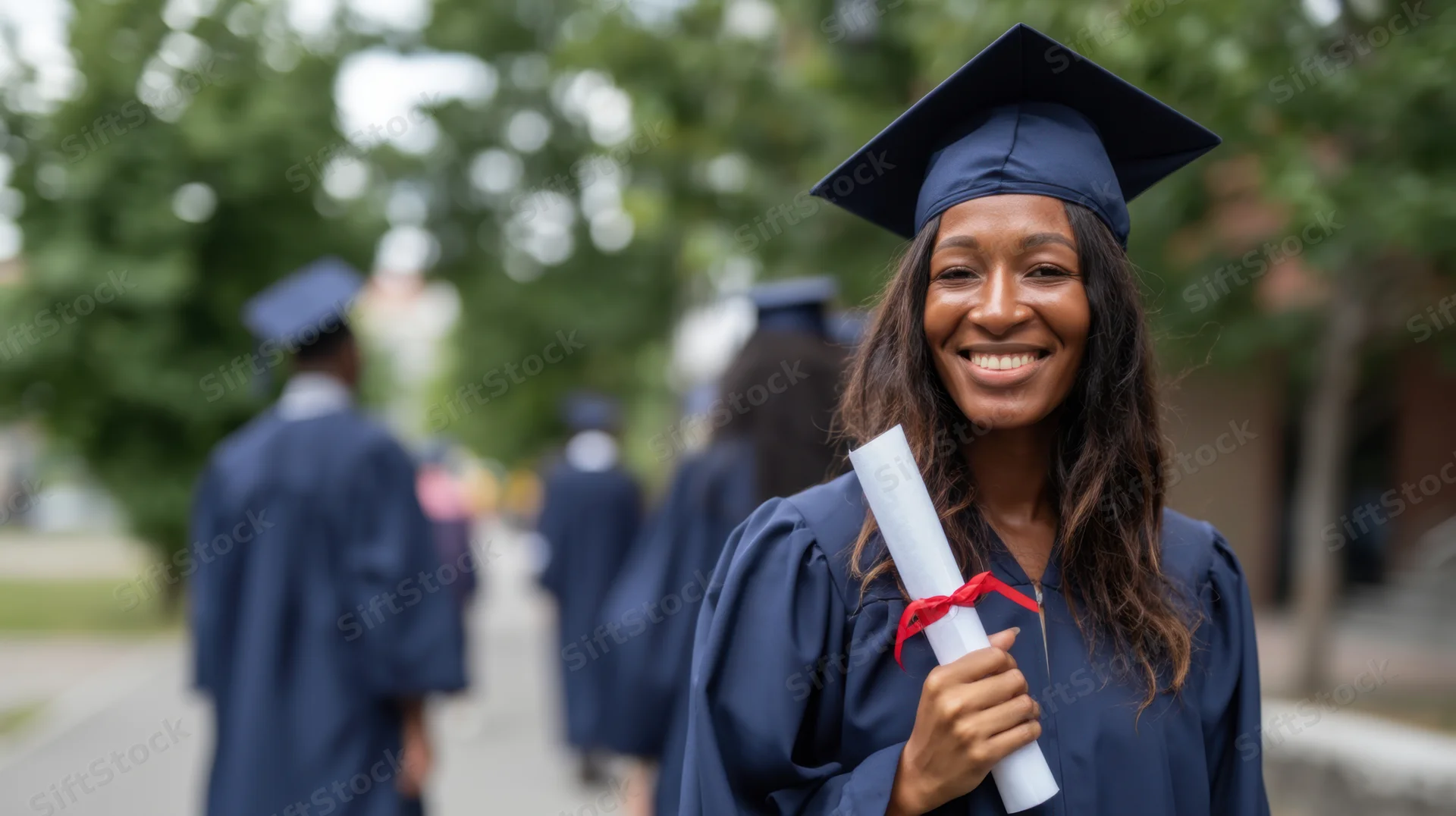Smiling black woman in graduation cap and gown holding diploma on campus pathway