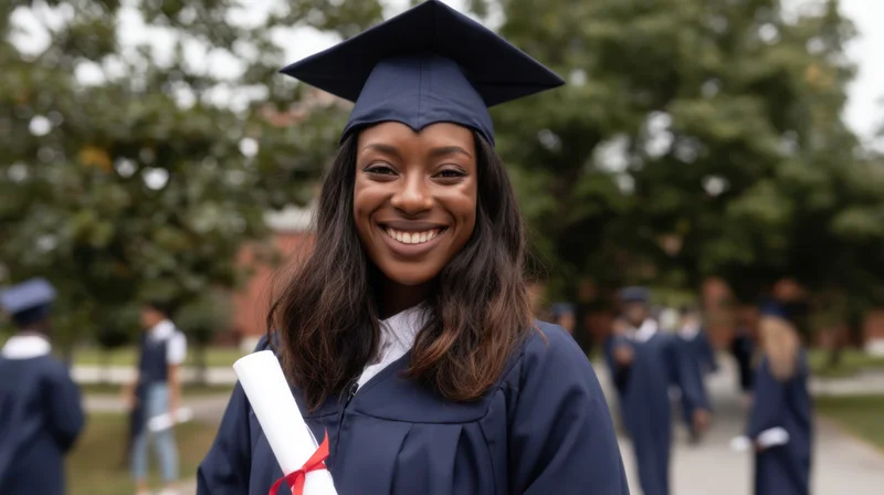 Smiling woman in graduation cap and gown holding diploma outdoors on campus
