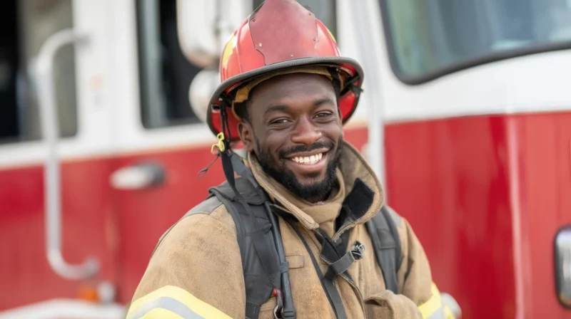 Smiling firefighter in uniform standing by firetruck outdoors