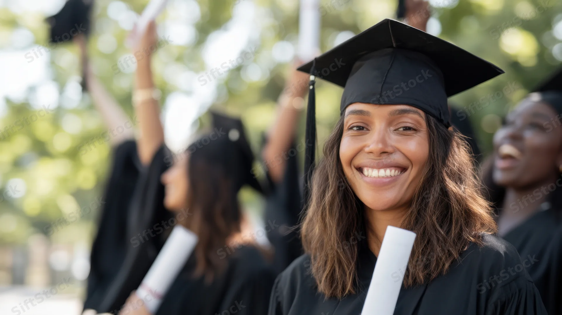 Smiling graduate in cap and gown holding diploma outdoors with peers celebrating in background