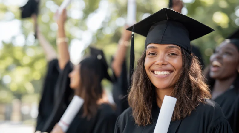 Smiling graduate in cap and gown holding diploma outdoors with peers celebrating in background