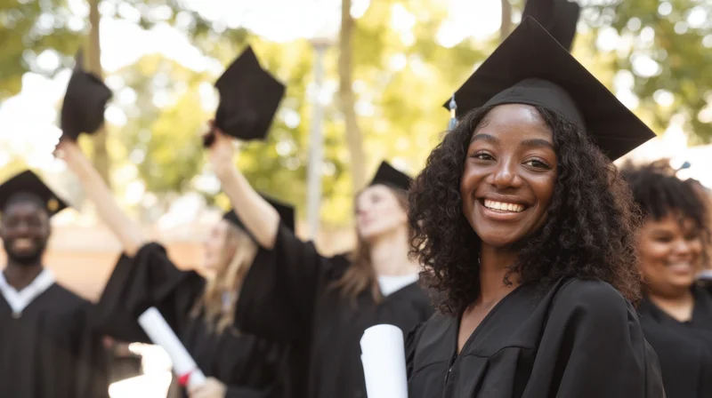 Smiling black woman graduate in cap and gown holding diploma with peers celebrating outdoors on campus