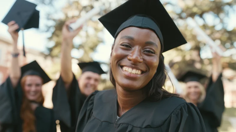 Smiling black woman graduate in cap and gown celebrating with friends outdoors on campus