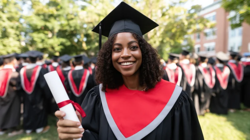 Smiling black woman graduate in cap and gown holding diploma outdoors on campus