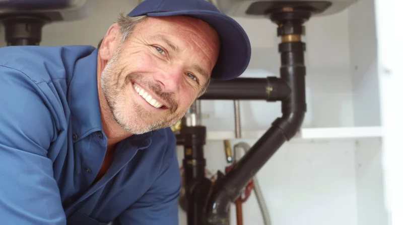 Smiling male plumber working under kitchen sink with pipes visible