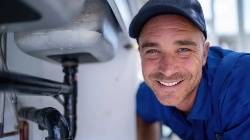 Smiling plumber in blue uniform working under kitchen sink