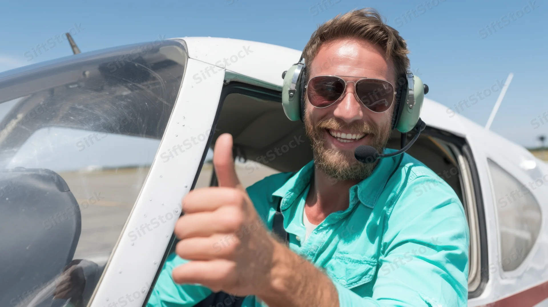 Pilot giving thumbs up from cockpit of small airplane on sunny day