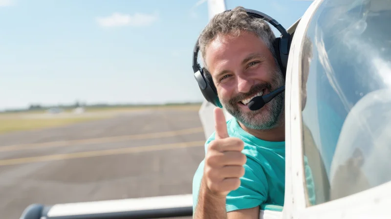 Man in airplane cockpit giving thumbs up while smiling, wearing headset, on runway