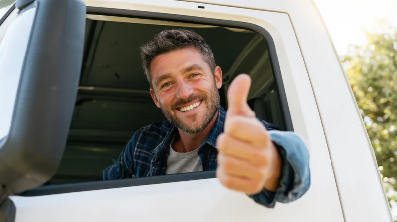 Man smiling and giving thumbs up from inside white delivery van